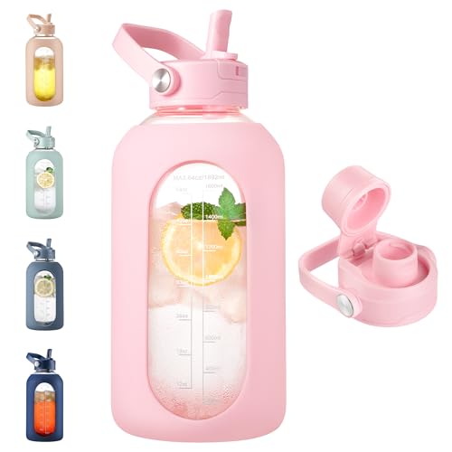 CIVAGO 64 oz Glass Water Bottle Jug with Detachable Straw and Time Maker | Half Gallon Motivational Large Flask Cup with Handle, Leakproof Lids, Wide Mouth, Silicone Sleeve, Tumbler for Juice, Blush - color: Light Pink, size: 64 Ounces