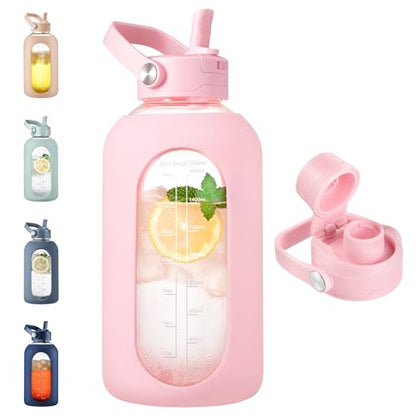 CIVAGO 64 oz Glass Water Bottle Jug with Detachable Straw and Time Maker | Half Gallon Motivational Large Flask Cup with Handle, Leakproof Lids, Wide Mouth, Silicone Sleeve, Tumbler for Juice, Blush - color: Light Pink, size: 64 Ounces