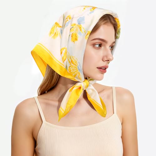 27" Head Scarf Like Satin Silk for Women,Hair Scarves Bandana,Headband Silk Feeling for Hair Wrap - color: Yellow White+dark Blue White