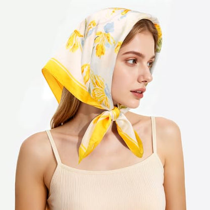 27" Head Scarf Like Satin Silk for Women,Hair Scarves Bandana,Headband Silk Feeling for Hair Wrap - color: Yellow White+dark Blue White