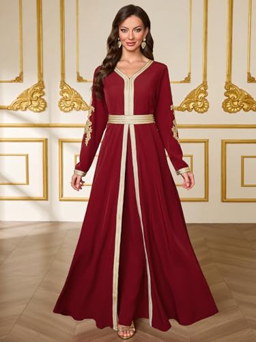 Elegant Muslim Dress Traditional Islamic Attire Maxi Robe Eid Prayer Gown - color: Red, size: Small