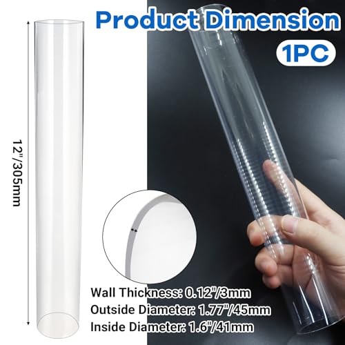 Luomorgo Clear PC Rigid Tubing Pipe, 1 Pack, Round Plastic Tube | 1.6 Inch (41mm) ID x 1.77 Inch (45mm) OD x 12 Inch (305mm) Length, for Fish Tank, Water Pipe & DIY Lighting - size: 41mmx45mm