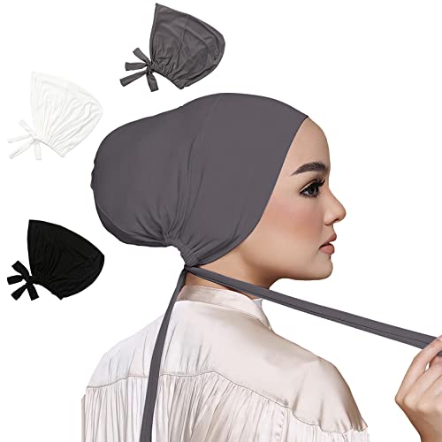 3PCS Under Hijab Head Cap Muslim Under Scarf Hijab Solid Color Women Under Scarf Hat Stretchy Sleeping Cap - color: Black,white,deep Grey