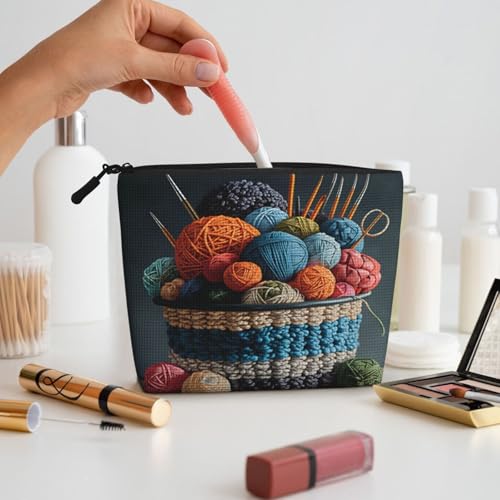 Colorful Yarn Basket Knitting Tools Fake Hemp Makeup Bag Travel Bags Toiletry Pouch With Zipper 9.45 X 6.7 In - color: Colorful Yarn Basket Knitting Tools