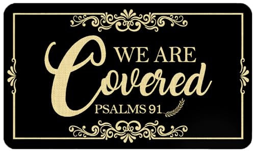 Christian Door Mat, We are Covered Psalms 91 Bible Verse Doormat Outdoor Indoor Entrance, Black and Gold Christian Welcome Mats for Front Door, 17x30 Inch - color: Covered