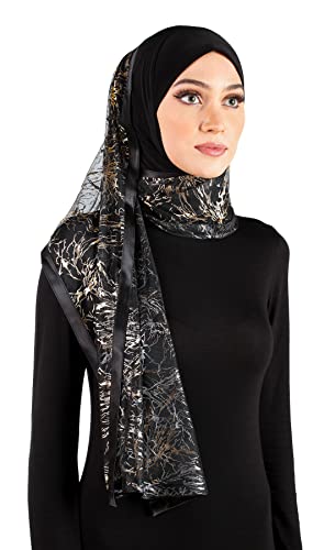 Stylish Mona Hijab Women's Black Kuwaiti with Chiffon Wrap Shawl & Satin Trim - color: Black With Gold Nexus