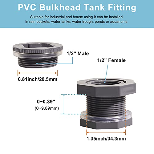 Ququyi 1/2 Inch PVC Bulkhead Water Tank Connector Adapter Fitting with Plugs Thru-Bulk Pipe Fitting for Rain Barrels, Aquariums, Ponds(Set of 3) - size: 1/2"-3pcs
