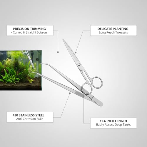 Aquarium Maintenance Tool Set - 430 Stainless Steel Long Reach Scissors, Tweezers & Sand Shovel for Fish Tanks - size: 14.96 x 0.47 x 0.31 in