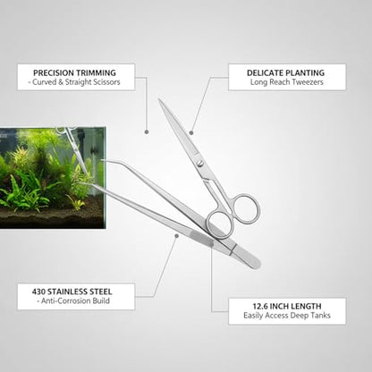 Aquarium Maintenance Tool Set - 430 Stainless Steel Long Reach Scissors, Tweezers & Sand Shovel for Fish Tanks - size: 14.96 x 0.47 x 0.31 in