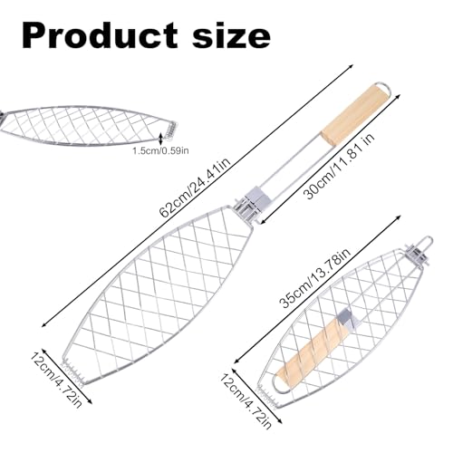 Fish Grill Basket, Iron Foldable Basket with Wooden Handle Non-Stick Grilling Rack Outdoor Cooking Tools Accessories Ideal for Any Fish Barbecue
