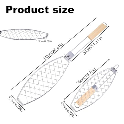 Fish Grill Basket, Iron Foldable Basket with Wooden Handle Non-Stick Grilling Rack Outdoor Cooking Tools Accessories Ideal for Any Fish Barbecue