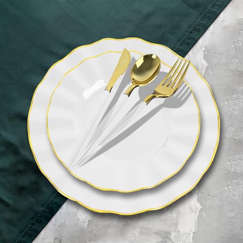 150Pcs Plastic Plates with Gold Rim,Heavy Duty White Plates for 30 Guests,Plastic Dinnerware Set Include 30 Dinner Plate,30 Dessert Plate,90 Gold Cutlery Set for Party (White) - color: White