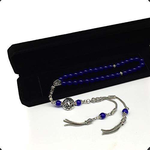 Design - Long & Stylist Tassels Worry Beads - Prayer Beads (8 mm-33 Beads) Tesbih-Tasbih-Tasbeeh-Misbaha-Subha-Sebha-Sibha-Rosary (Blue Agate Natural Stone) - color: Blue Agate Natural Stone