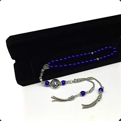 Design - Long & Stylist Tassels Worry Beads - Prayer Beads (8 mm-33 Beads) Tesbih-Tasbih-Tasbeeh-Misbaha-Subha-Sebha-Sibha-Rosary (Blue Agate Natural Stone) - color: Blue Agate Natural Stone