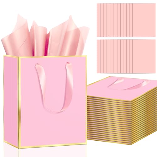 Epoesch 24 Pack Gift Bags with Handles & 24 Tissue Papers – 8x5x10 Inches - color: Pink Gold, size: 1 Count (Pack of 24)