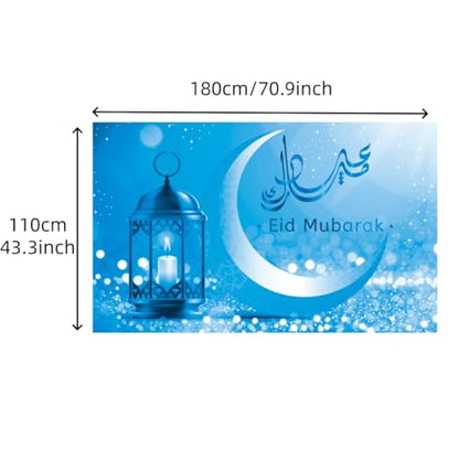 KYMY Eid Mubarak Backdrop, Islamic Muslim Festival Banner 70.9" X 43.3", Arabic Crescent Moon Star Lantern Mosque Photography Background Sign for Eid Al-Adha Hajj Festival Indoor Outdoor Decorations