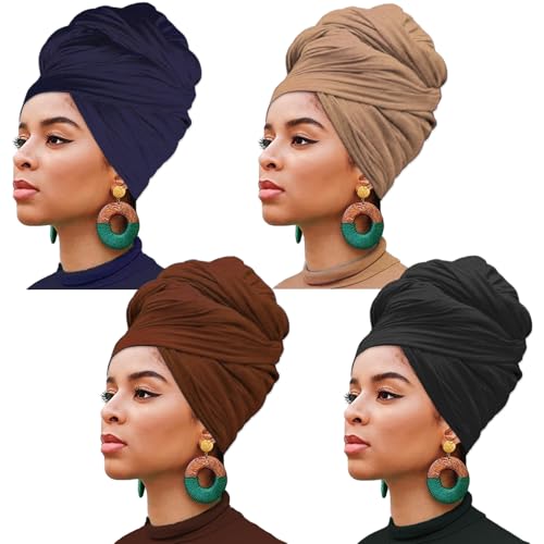 XTREND 4 Pieces Head Wrap Stretch African Turban for Women Fashion Headwear Solid Color Soft Hair Scarf Caps Bohemian Soft Breathable headwraps Tie (Black, Coffee, Navy, Camel) - color: Black, Coffee, Navy, Camel