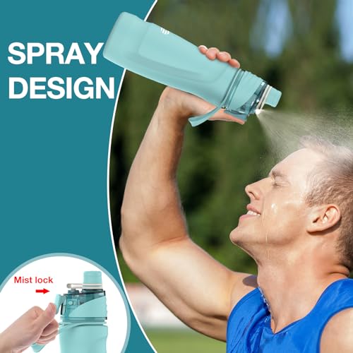 Misting Water Bottle, 24oz Insulated Water Bottle, 2-in-1 Mist & Sip Stainless Steel Water Bottles, Sports Water Bottle for Hiking, Running, Gym - color: Teal Blue