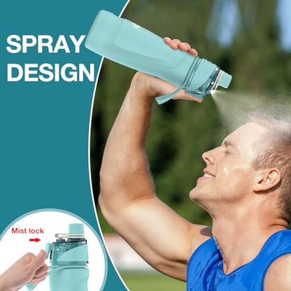 Misting Water Bottle, 24oz Insulated Water Bottle, 2-in-1 Mist & Sip Stainless Steel Water Bottles, Sports Water Bottle for Hiking, Running, Gym - color: Teal Blue