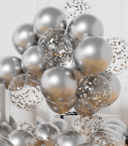 AULE Party Balloons Pack of 42 - Metallic Balloons & Confetti Balloons and 64ft Ribbons - 12 Inch Silver Balloons Decorations Set - color: Silver
