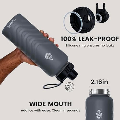 32oz Stainless Steel Insulated Water Bottle, 48H Ice Cold & 24H Hot, Leak-Proof Wide Mouth Lids (Straw & Spout), BPA-Free Bottles, Mens Water Bottle for Gym, Hiking, Travel - Grey - color: Gray, size: 32 Ounces