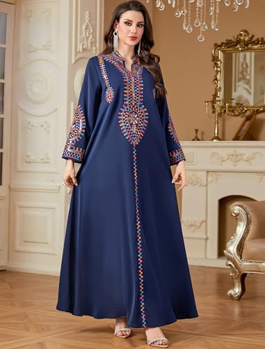 ABEWIP Muslim Dresses for Women Ramadan Kimono Long Sleeve Embroidered Islamic Prayer Dress Turkey Dubai Eid Abaya Kaftan - color: Navy Blue, size: Medium