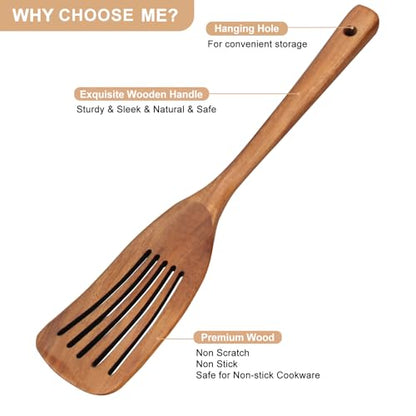 2 Pack Wooden Non Toxic Spatulas for Kitchen Utensils Set Acacia Wood Cooking Spatula Flat Wok Pancake Turner Bamboo Slotted Spoon for Cooking Utensil Spurtle Scraper Long Fish Egg Flipper Spatulas - color: 2Pcs-Natural