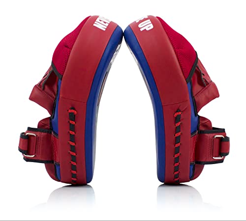 Fairtex FMV13 Maximized Focus Mitts, Muay Thai Kickboxing MMA Punching Pads | Premium Syntek leather shell with multi-layer foam. Curved shape with hook-and-loop wrist strap absorbs trainer strike impact - color: Blue/Red