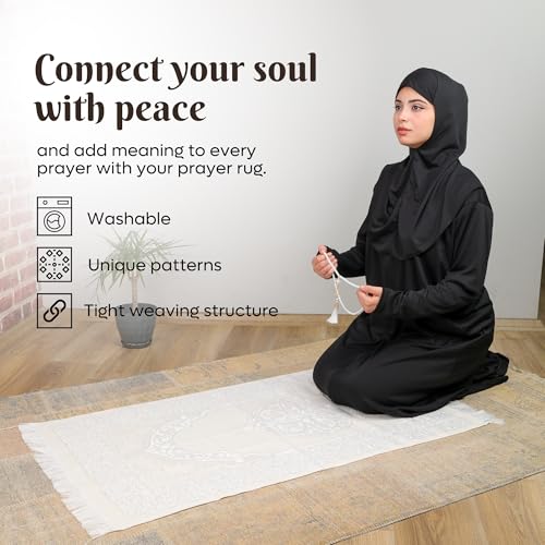 Taffeta Muslim Prayer Rug Set, White Kaaba Door Gift Box - color: White/Cylinder Gift Box