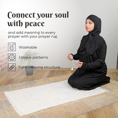 Taffeta Muslim Prayer Rug Set, White Kaaba Door Gift Box - color: White/Cylinder Gift Box