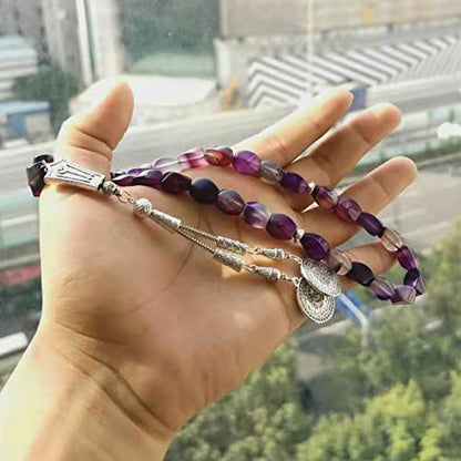 Tasbih Natural Purple Agate Stone Islamic misbaha Prayer Beads Muslim Bracelet (12x8mm x 45 Beads) - size: 12x8mm x 45 beads