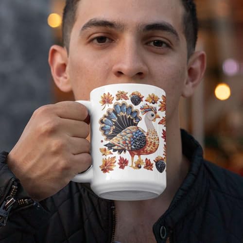 Personalized Autumn Turkey Coffee Mug, Customized Name White Ceramic Cup, Festive Fall Leaves Mug, Sparkling Turkey Full Wrap Cup 11oz 15oz, Custom Unique Thanksgiving White Cup - color: XUA-1124-3653-Thanksgiving Mug