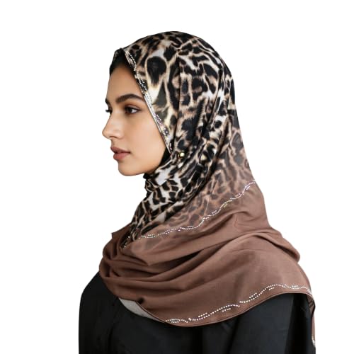 Chiffon Rhinestone Muslim Headscarf - color: Brown Leopard Print 