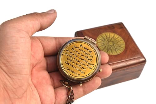 Be Strong and Courageous (Joshua 1:9) Brass Compass with wooden Box-Engraved Scripture Prayer Compass Religious Gift for Men & Women - Baptism, Confirmation, Communion Compass for Boys Graduation Gift - style: #2 Be Strong and Courageous Compass (Joshua 1