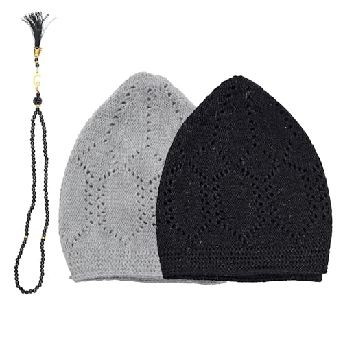 Muslim Kufi Hats for Men, Velvet Crochet Islamic Prayer Cap, Stretchable, Breathable Knit Skull Beanie,Standard Size - color: Ajur - Black Grey