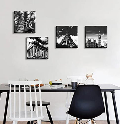 JiazuGo Black and White Building Wall Art for Living Room Contemporary European Famous Architecture Leaning Tower of Pisa Eiffel Parthenon London Elizabeth City Big Ben Canvas Pictures Paintings - color: Famous Buildings
