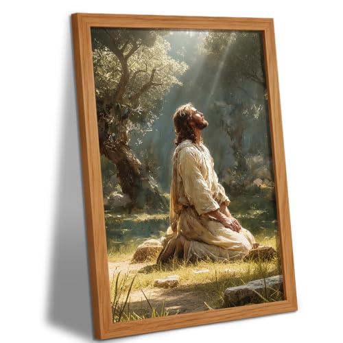 AUUAUU Jesus Praying in Gethsemane Wall Art, Wood Framed Religious Canvas Painting, Vintage Christian Wall Decor for Living Room Bedroom, 16x24 Inches Ready to Hang - color: Wooden Framed Jesus Praying Wall Art, size: 24"L x 16"W