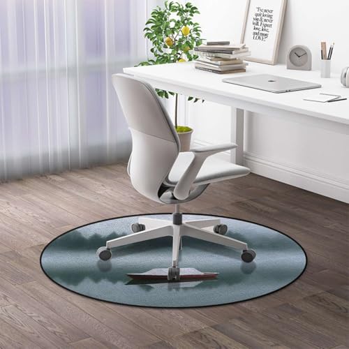 Misty Lake Boat Soft Round Office Chair Mat for Hardwood Floors, Nature Landscape Art Non-Slip Protector for Rolling Chairs,Protect The Floor from Scratches, Blue Green Gray Diameter 39.4 in - color: Misty Lake Boat_2408, size: Diameter 39.4 in