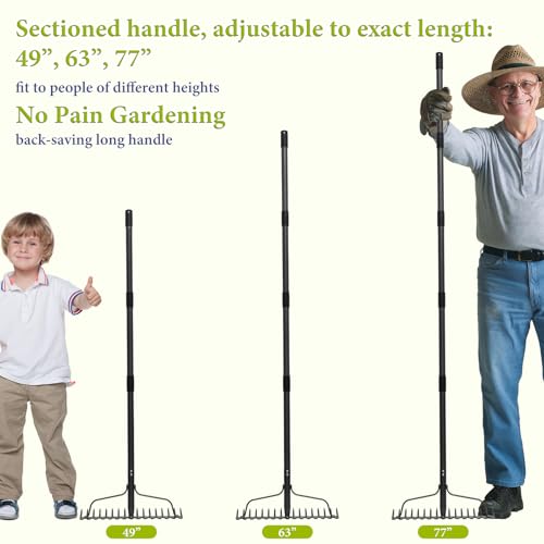 Adjustable Bow Rake Heavy Duty, Dual-Sided Steel Garden Rake Tool for Gathering Leaves, Pine Straw, Thatching, Breaking Up Soil, Leveling Gravel