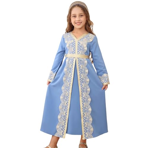 Kids Girls Ramadan Muslim Lace Trim Maxi Dress with Belt Prayer Arabic Kaftan Dubai Islamic Eid Dresses - color: Blue, size: 4-5 Years