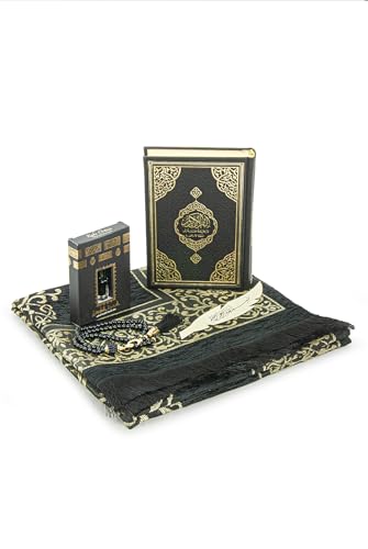 ihvan online Prayer Gift Set for Hajj and Umrah, Muslim Prayer Rug, Prayer Mat, Beads Taasbih, Holy Quran Translated English, Muslim Praying Mat, Islamic Gift Set for Ramadan & Eid, Black - color: Black English