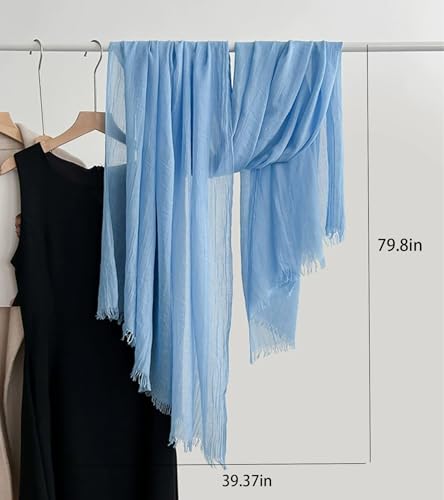 Solid color cotton and linen scarf, wrinkled all season versatile long sunscreen fashionable shawl - color: Light Blue