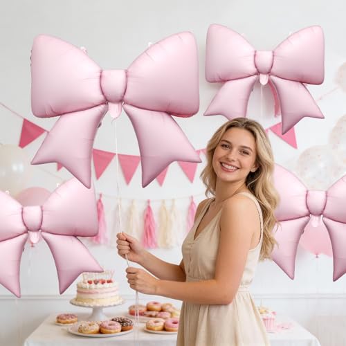 Pink Bow Balloons, 6 Pcs Giant Foil for Girls Birthday Party Decorations - style: Pink Bow