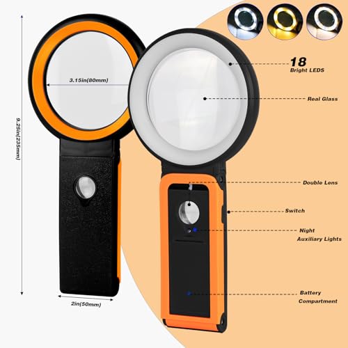 Magnifying Glass with Light and Stand, Foldable Handheld Magnifying Lenses 18 LED Illuminated Lighted Magnifier for Seniors Reading, Close Work, Coins, Jewelry Black - color: Black