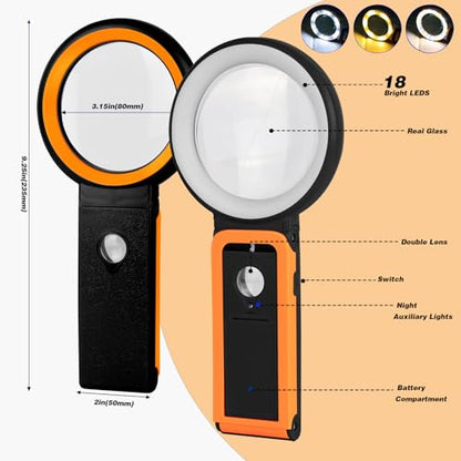 Magnifying Glass with Light and Stand, Foldable Handheld Magnifying Lenses 18 LED Illuminated Lighted Magnifier for Seniors Reading, Close Work, Coins, Jewelry Black - color: Black