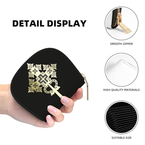 Ethiopian Cross RFID Blocking Semi Circle Card Holder PU Leather Zipper Wallet Pouch Keychain Bag for Women Men, Slim Small Credit Card Case Organizer with 12 Slots - color: Ethiopian Cross3