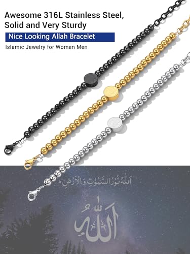 PROSTEEL Allah Bracelet, Muslim Islamic Jewelry Religious Islam Arabic God Charm Stainless Steel Beads Chain Bracelet, fits wrist from 5.9'' to 7.9'', Come with Box - color: 04 silver-beads chain