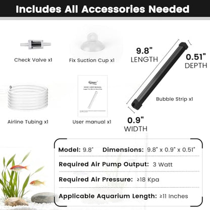 hygger Weighted Nano Mist Bubble Wall Bar, 9.8" Self-Sinking ABS Air Stone Strip with Gentle Oxygen Diffuser for Freshwater & Marine Aquarium, Hydroponics - size: 9.8 Inch