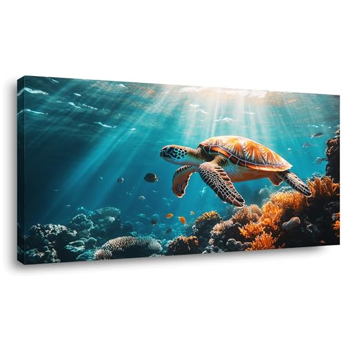 Palderwallart Tropical Seafloor Animal Landscape Wall Art for Living Room Office Pretty Sea Turtle Nature Scenery Navy Blue Brown Painting Prints Wildlife Scenic Canvas Artwork Dining (20x40 Inches) - color: Navy Blue Brown Wall Art (Y847), size: 40"L x 2