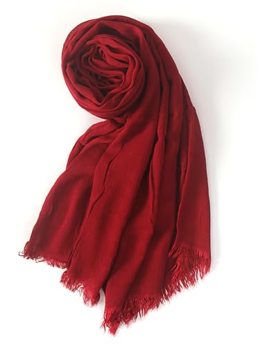 Cotton Linen Plain Hijab Scarf For Women,Muslim Viscose Crinkle Edge With Fringe,Summer Beach Wrap Headwraps Shawl - color: 42#red